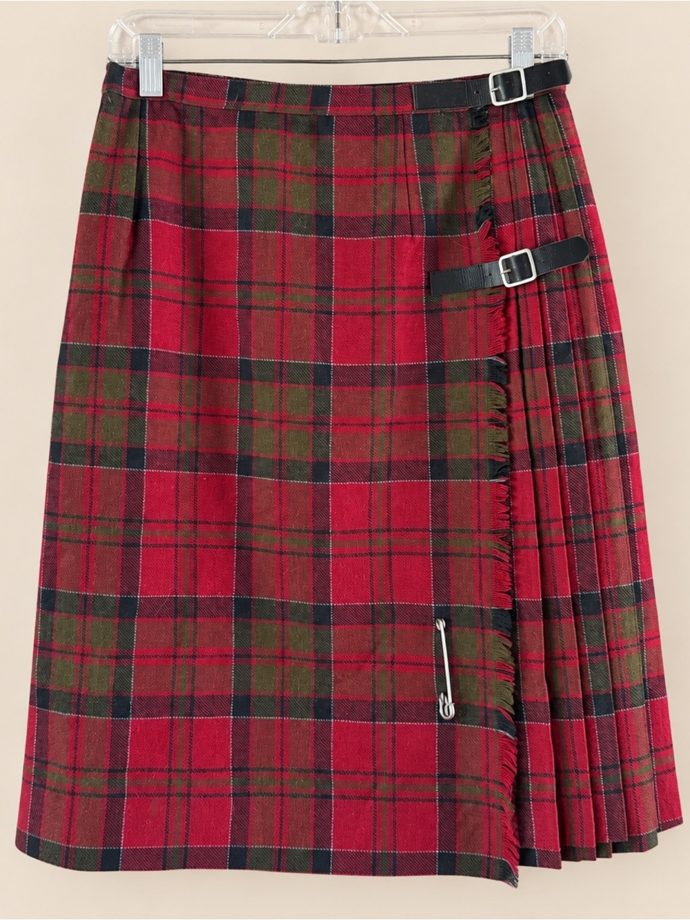 Vintage Tartan Plaid Wool Fringe Buckle Skirt M